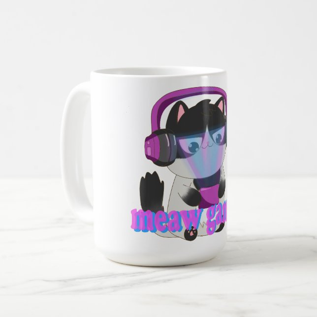Cute Meow Gamer Cat - Kawaii Gaming Kitten Coffee Mug (Front Left)