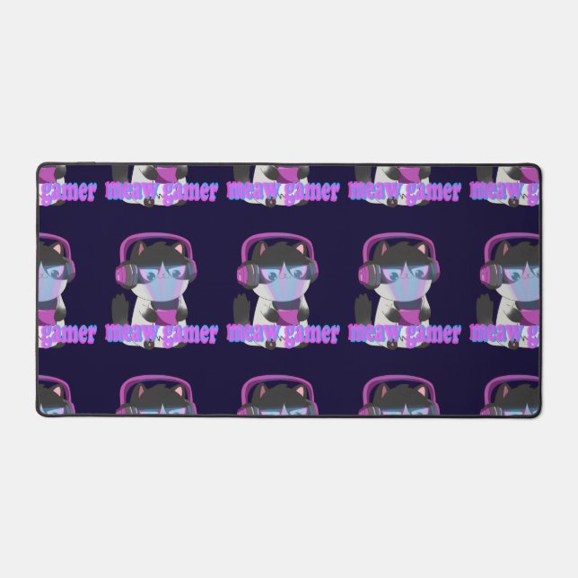 Cute Meow Gamer Cat - Kawaii Gaming Kitten Desk Mat (Front)