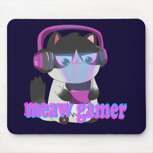 Cute Meow Gamer Cat - Kawaii Gaming Kitten Mouse Pad (Front)