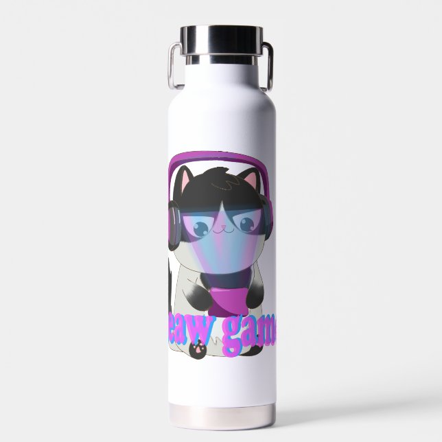 Cute Meow Gamer Cat - Kawaii Gaming Kitten Water Bottle (Front)