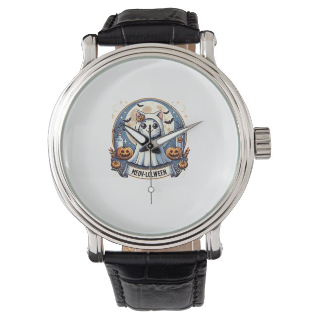 Cute Meow-lolween Cat in Ghost Costume Halloween A Watch (Front)