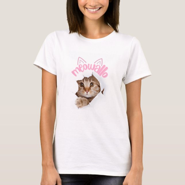 Cute Meowallo Peeking Kitten Design T-Shirt (Front)