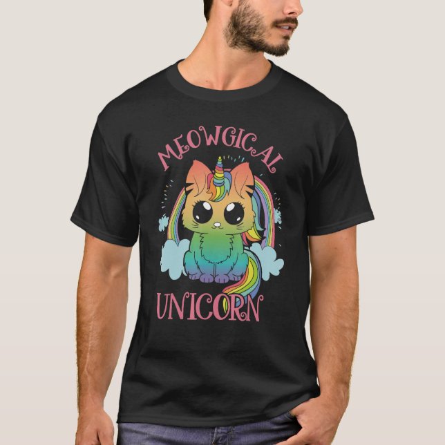 Cute Meowgical Unicorn Cat Magic Colourful Rainbow T-Shirt (Front)
