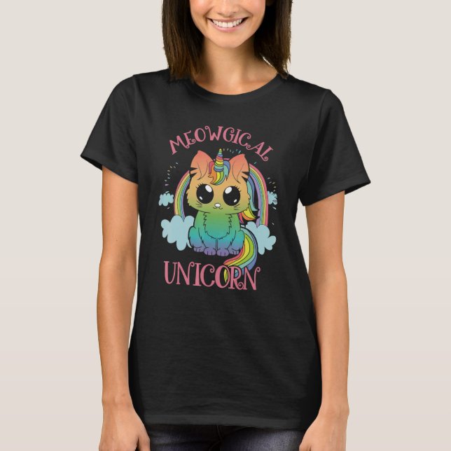 Cute Meowgical Unicorn Cat Magic Colourful Rainbow T-Shirt (Front)