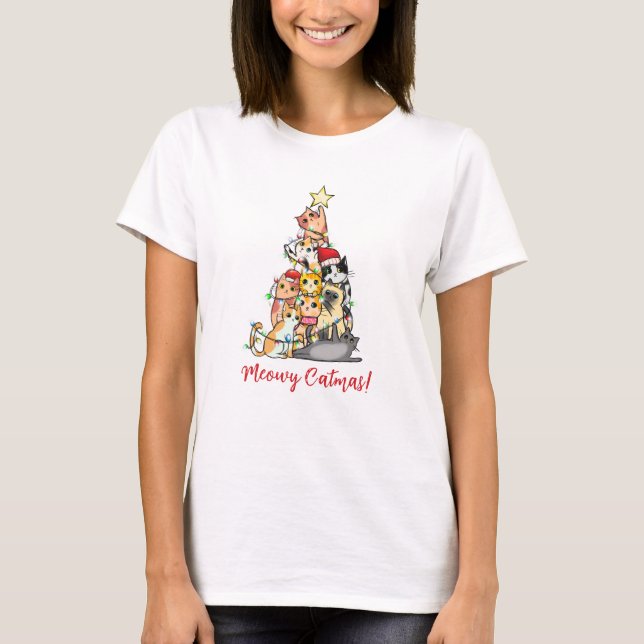 Cute Meowy Catmas Cat Christmas Tree T-Shirt (Front)