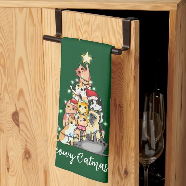Cute Meowy Catmas Cats Christmas Tree Custom Kitchen Towel (Thirds Fold)