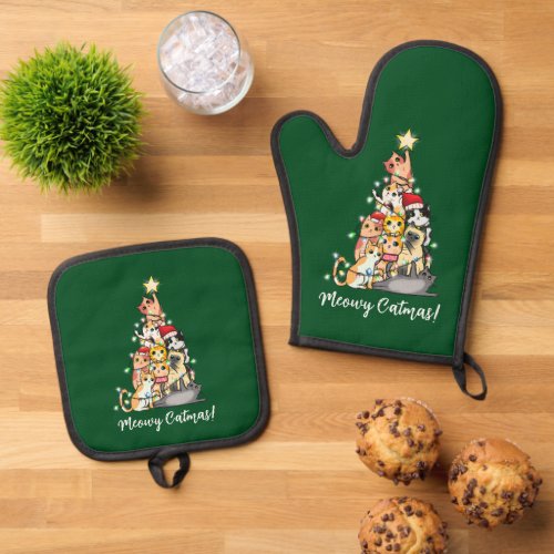 Cute Meowy Catmas Cats Christmas Tree Custom Oven Mitt  Pot Holder Set