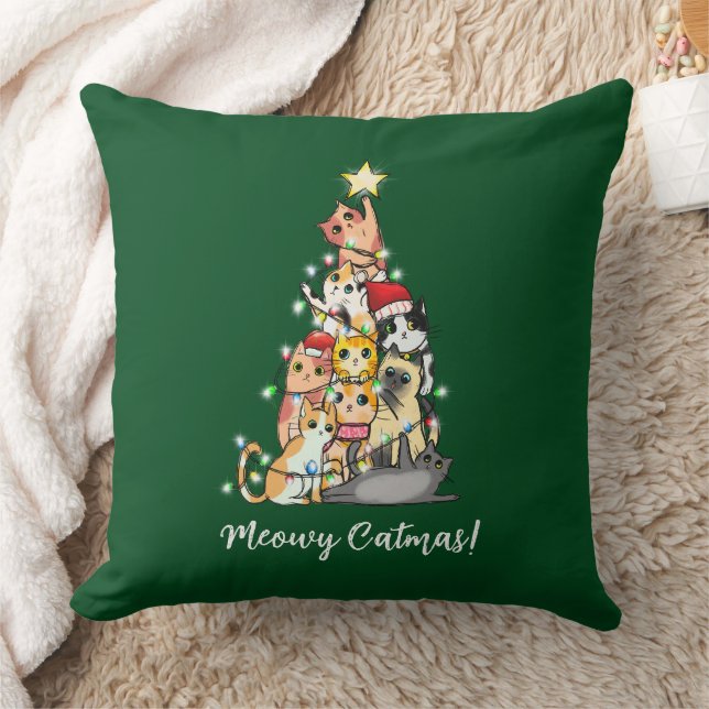Cute Meowy Catmas Cats Christmas Tree Green Throw Pillow (Blanket)