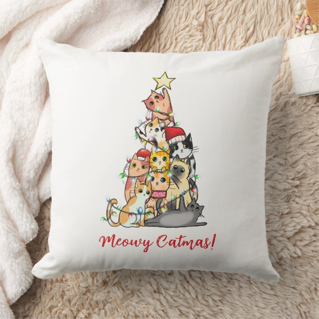 Cute Meowy Catmas Cats Christmas Tree Throw Pillow (Blanket)