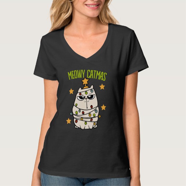 Cute Meowy Catmas Christmas Cat Tangled Up In Ligh T-Shirt (Front)