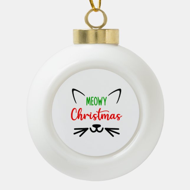 Cute Meowy Christmas Cat Face  Ceramic Ball Christmas Ornament (Front)