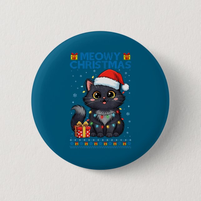 Cute Meowy Christmas Cat – Kawaii Holiday Kitty Te Button (Front)