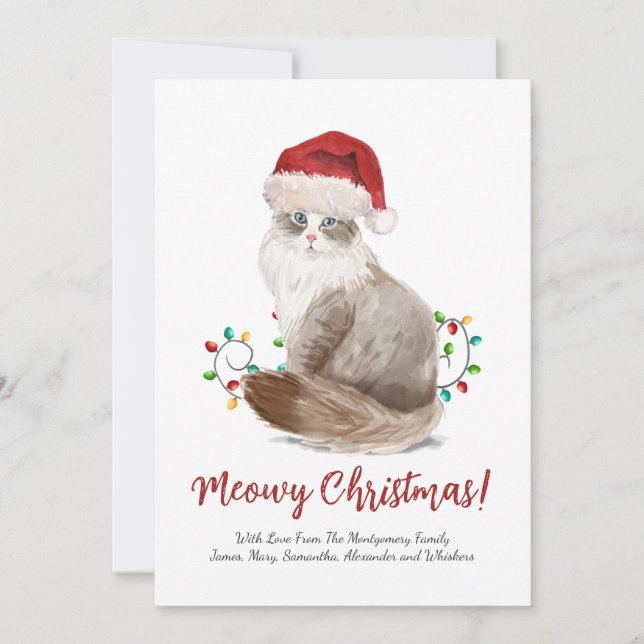 Cute Meowy Christmas Cat Santa Hat Custom Holiday Card (Front)