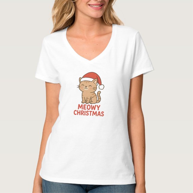 Cute Meowy Christmas Cat Santa Hat T-Shirt (Front)