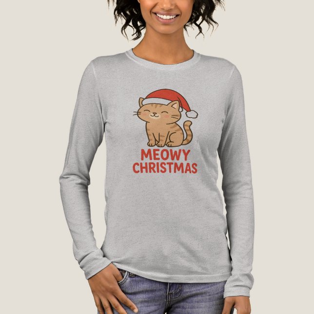 Cute Meowy Christmas Cat Santa Hat Tri-Blend Shirt (Front)