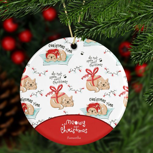 Cute Meowy Christmas Cat with First Name Christmas Ceramic Ornament