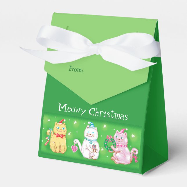 Cute Meowy Christmas Cats Green Favor Boxes (Front Side)