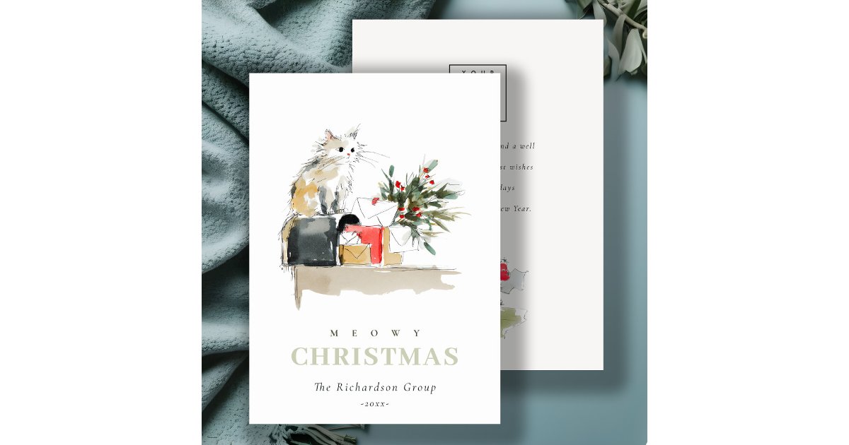 Cute Meowy Christmas Gift Cat Corporate Logo Holiday Card | Zazzle