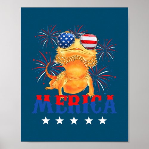 Cute Merica Bearded Dragon USA Flag Sunglasses Poster