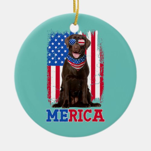 Cute Merica Chocolate Lab USA Flag Sunglasses 4th Ceramic Ornament