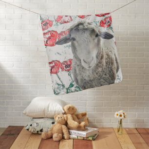 Cute Merino Sheep Animal Red Poppy Flowers Baby Blanket