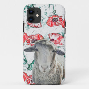 Cute Merino Sheep Animal Red Poppy Flowers iPhone 11 Case