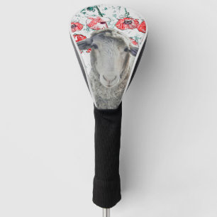 Cute Merino Sheep Animal Red Poppy Flowers Golf Head Cover
