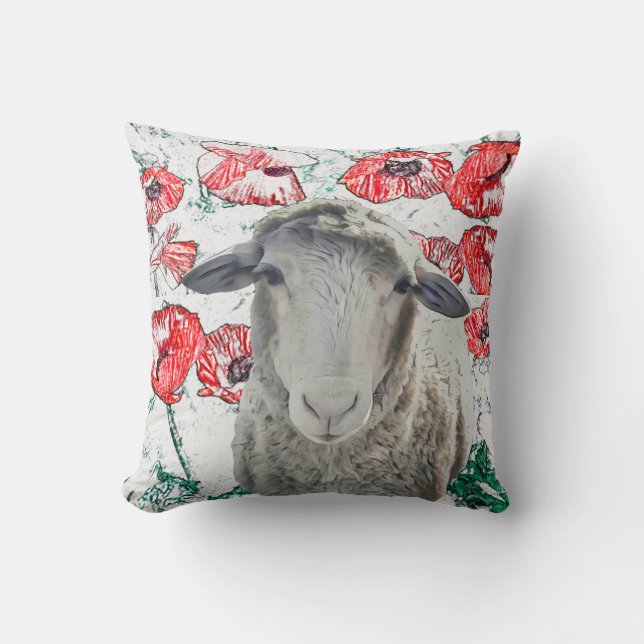 Cute Merino Sheep Animal Red Poppy Flowers Throw Pillow (Front)