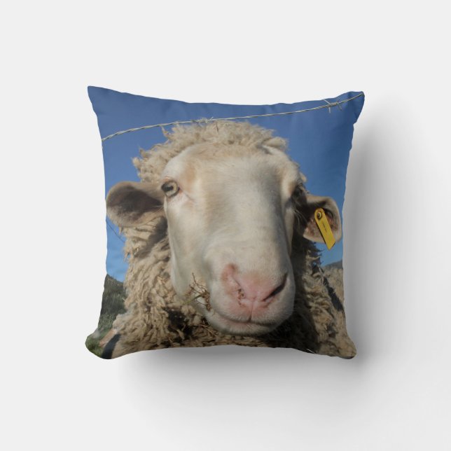 Cute Merino Sheep Head Animal Throw Pillow (Front)
