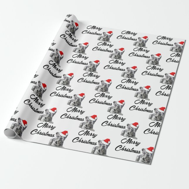 Cute Merle Puppy Merry Christmas French Bulldog  Wrapping Paper (Unrolled)