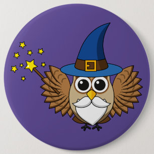 Cute Merlin the Wizard Owl Cartoon Button