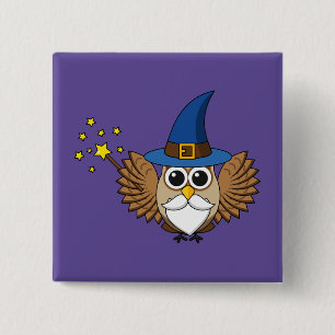 Cute Merlin the Wizard Owl Cartoon Button