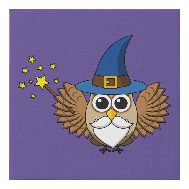 Cute Merlin the Wizard Owl Cartoon Faux Canvas Print (Front)