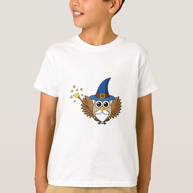 Cute Merlin the Wizard Owl Cartoon T-Shirt (Front)