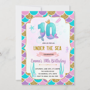 Cute mermaid 10th birthday invitation