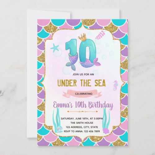 Cute mermaid 10th birthday  invitation
