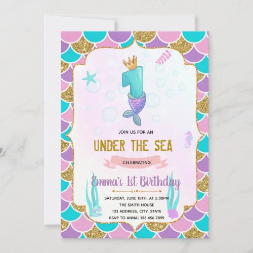 Cute mermaid 1st birthday  invitation