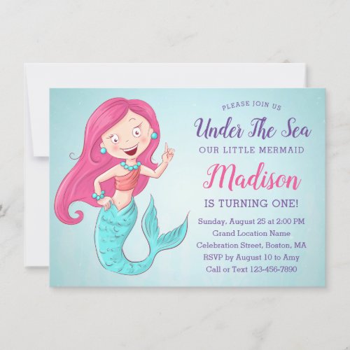 Cute Mermaid 1st Birthday Invitations _ Pink Blue