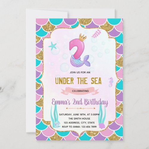 Cute mermaid 2nd birthday invitation