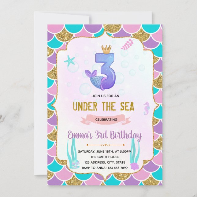 Cute mermaid 3rd birthday  invitation (Front)