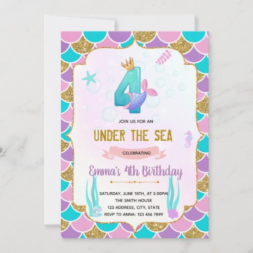 Cute mermaid 4th birthday  invitation