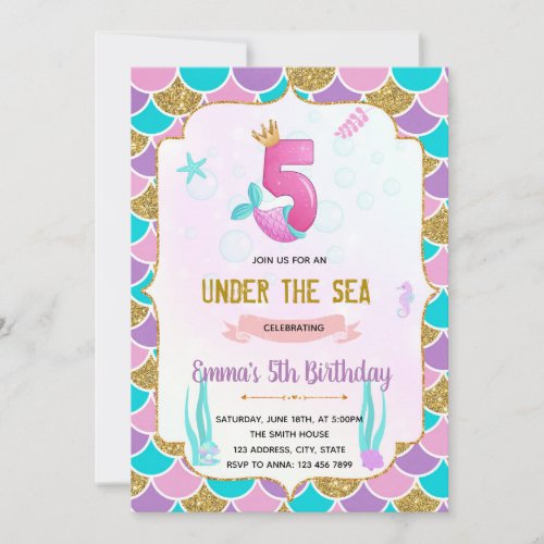 Cute mermaid 5th birthday  invitation