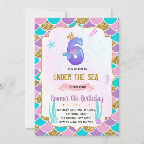 Cute mermaid 6th birthday  invitation