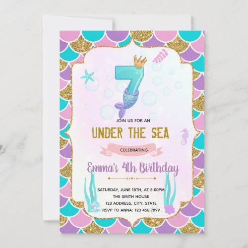 Cute mermaid 7th birthday  invitation