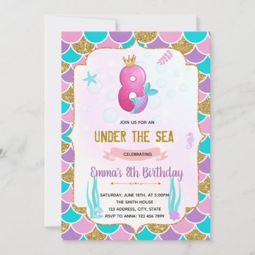 Cute mermaid 8th birthday  invitation