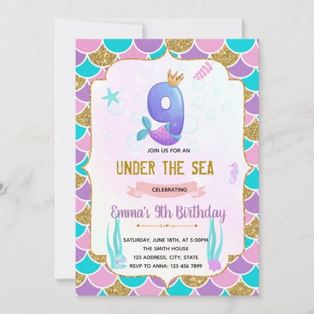 Cute mermaid 9th birthday  invitation (Front)