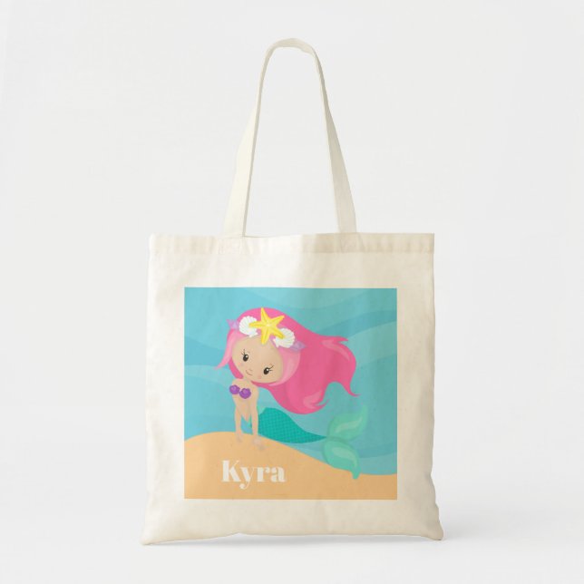 Cute mermaid add name girls beach tote (Front)
