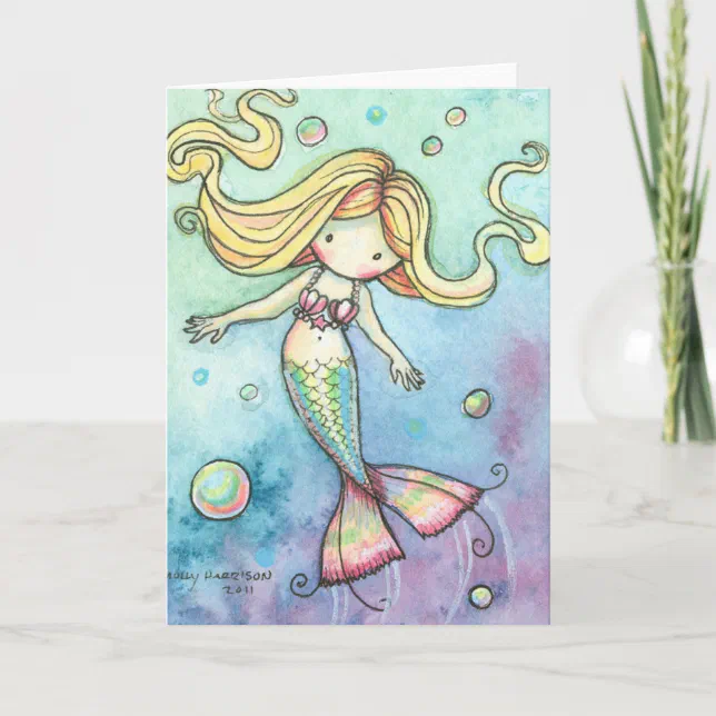 Cute Mermaid and Bubbles Card by Molly Harrison | Zazzle