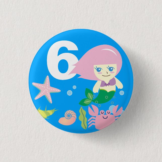 Cute Mermaid and Crab Kids Birthday Any Age Button (Front)