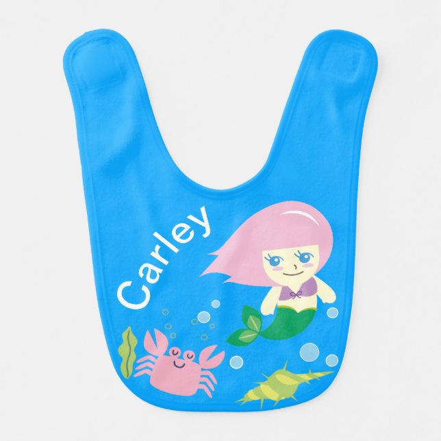 Cute Mermaid and Crab Personalised Baby Bib (Front)